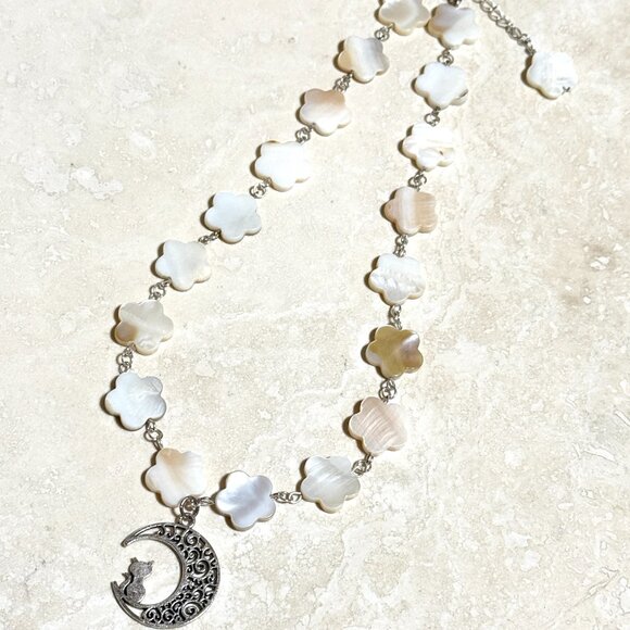 Mother of Pearl Flower Beaded Short Necklace + Cat on the Moon Pendant - Picture 5 of 13